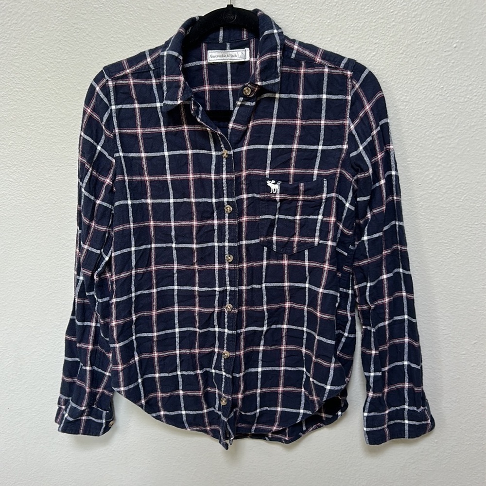 Abercrombie & Fitch Flannel Navy Blue Pink White Plaid Button Down Shirt, small
